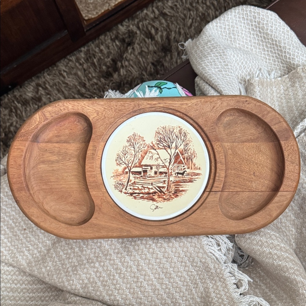 Vintage Himark Wooden Charcuterie  with Scenic Ceramic Inlay